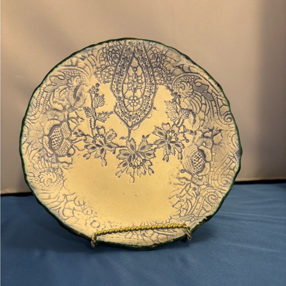 Handmade by Sugarboo Design, a lace doily impression textured ceramic pottery.